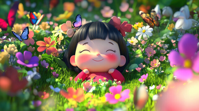 Adorable 3D cartoon of a chubby girl with red cheeks, surrounded by blooming flowers and butterflies in a bright garden