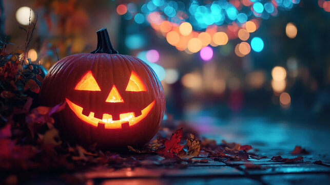 jack o lantern halloween holiday orange pumpkin on the street in the dark background bokeh lights orange blue night decoration leaves on the ground pink