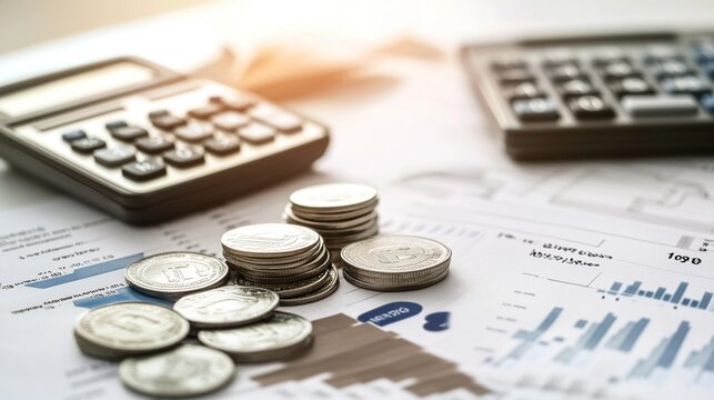 Close up photo of stack of coins and charts and stats with calculator. Concept of accounting , budget and profit.