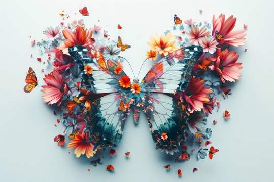 Abstract butterfly with flowers and colorful butterflies flying around it's wings, 3D illustrated on a white background