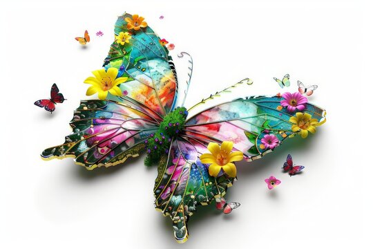 Colorful butterfly with flowers and butterflies flying around it's wings, 3D illustrated on a white background --ar 3:2 Job ID: 93d2882e-82df-473c-bc9a-e46c7b603dbb