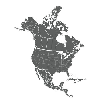 Sophisticated grey North America map featuring detailed continent outlines with a minimalistic approach.