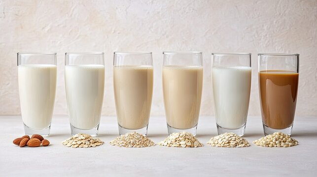 Glasses of almond, oat, soy, rice, corn, and coconut milk aligned on a light background, with room for copy space.