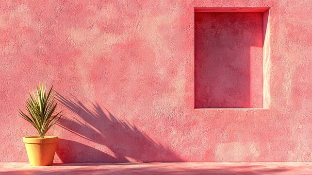   A potted plant sits in front of a pink wall with a small square window