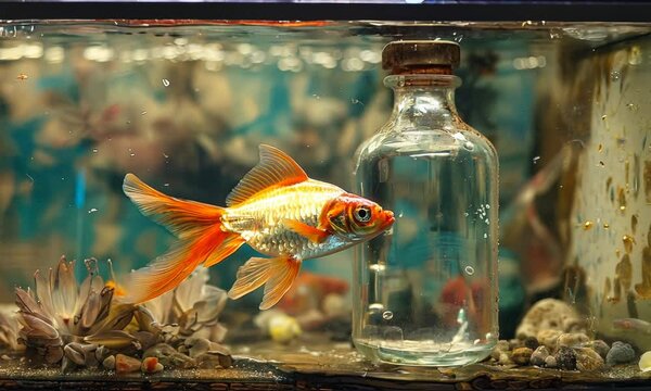 A goldfish swimming in a flask, the flask underwater, symbolizes the limitations of nature against a backdrop of human innovation and waste.