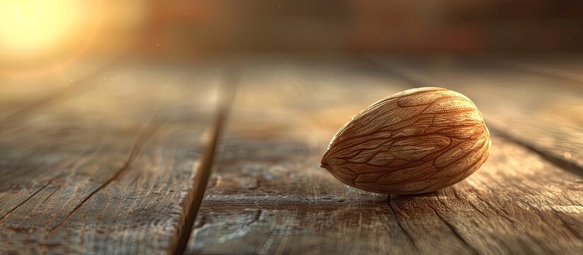 Wooden background with soft lighting emphasizing a healthy almond selective focus underscores the concept of healthy Vegorian food in copy space image