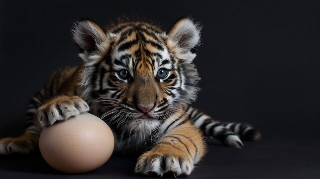 Tiger Cub Plays with a Large Egg