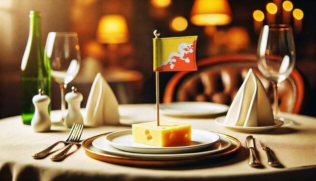 A refined presentation of Swiss cheese with an Bhutan flag centerpiece, set in an upscale restaurant with a warm, intimate setting and classic table arrangements.