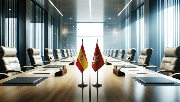 A modern conference room with Spain and Hong kong flags on a long table, symbolizing a bilateral meeting or diplomatic discussions between the two nations.