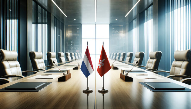 A modern conference room with Netherlands and Hong kong flags on a long table, symbolizing a bilateral meeting or diplomatic discussions between the two nations.