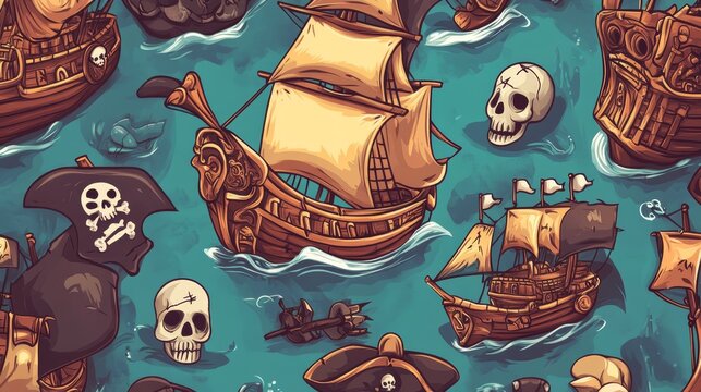 Seamless Pirate Ship Pattern with Skulls  Bones  and Flags