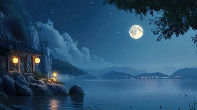 Clean and peaceful Mid-Autumn Festival night with a calm sea, illuminated by the soft glow of the full moon.