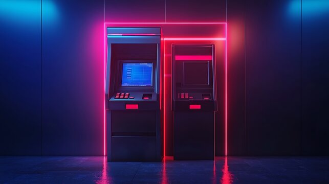 A neon ATM machine glows in a dark room, merging technology with an urban, futuristic vibe.