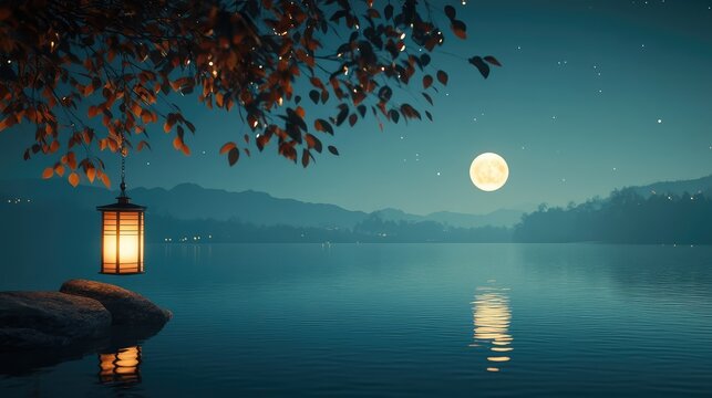 Clean and serene Mid-Autumn Festival night with a calm sea and the moonlight creating a peaceful reflection on the water.