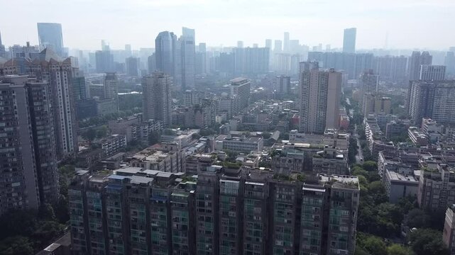 aerial footage of high buildings and skyscrapers in the city of Chengdu, China