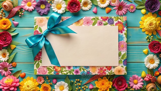 Colorful blank greeting card mockup with floral ornate borders and ribbon, ideal for customizing with personalized messages and photos for special occasions.