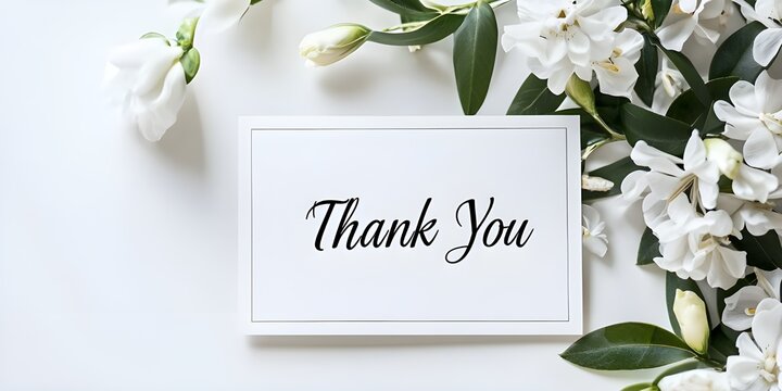 A stock photo of a "Thank You" greeting card with a clean, modern design on a white background.