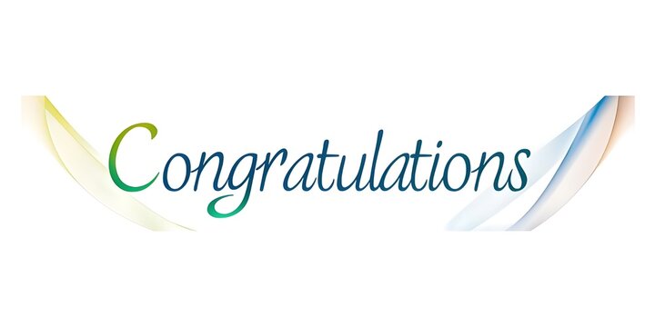 A professional stock photo of a "Congratulations" message in a sleek, sans-serif font on a white background.