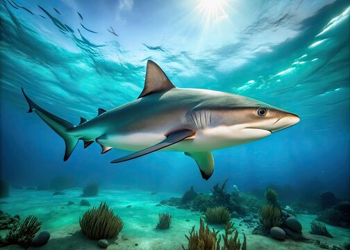 A sleek gray reef shark swims horizontally in turquoise Caribbean waters, its sharp fins and menacing gaze capturing the essence of oceanic power and mystery.