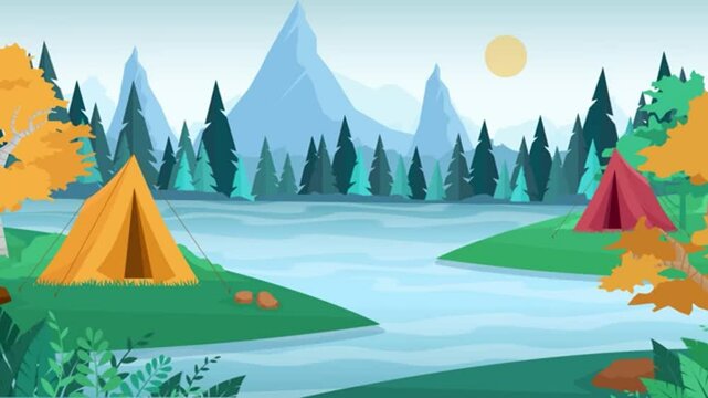 The background is a camping tent next to a lake with moving trees surrounding it.