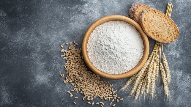 On a gray background, Wheat Oats and Flour are used to make fresh bread