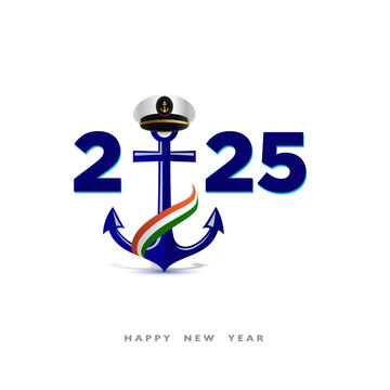 Navy New Year 2025 Creative Web Banner Design, Navy officer, Soldier cap, Anchor, and flag wave on isolated Background, Navy warships, Wishing Greeting Card. Beautiful Calligraphy of Navy Day. Marine 