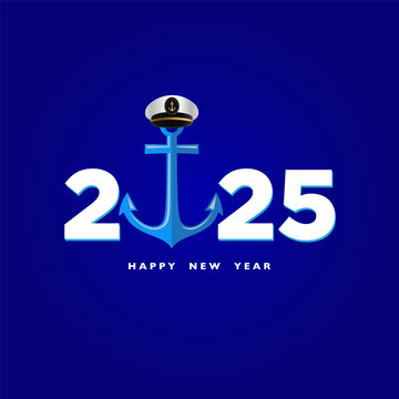 Navy New Year 2025 Creative Web Banner Design, Navy officer, Soldier cap, Anchor, and flag wave on isolated Background, Navy warships, Wishing Greeting Card. Beautiful Calligraphy of Navy Day. Marine 