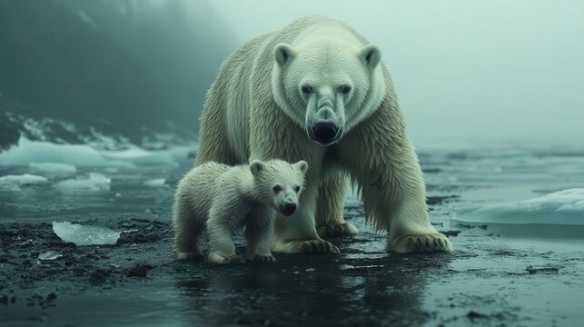 poignant scene of polar bear and cub on melting ice fragile arctic landscape highlights climate change impact emotional wildlife photography captures a powerful environmental message