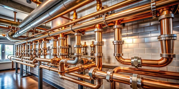 photo image of intricately designed commercial plumbing system with copper pipes and valves in a modern kitchen background