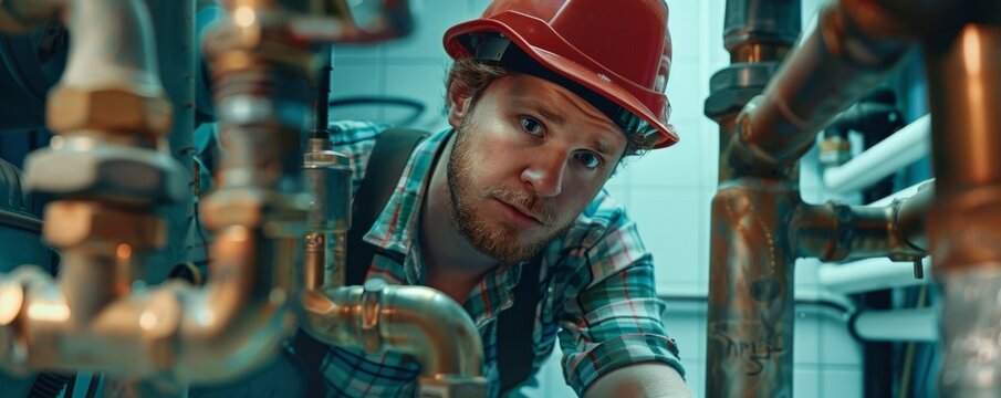 Experienced plumber solving household piping problems, 4K hyperrealistic photo