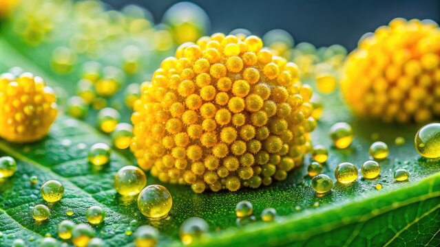 Vibrant yellow pollen grains glisten with dew droplets on a soft green leaf, showcasing intricate textures and delicate patterns in a stunning macro photography capture.