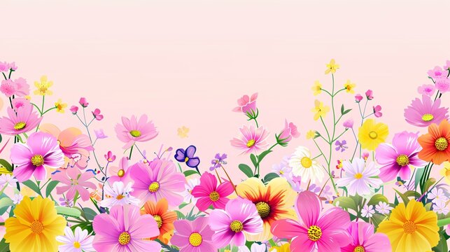 79. Delightful cartoon flower border with bright and cheerful blooms on a light orchid background, designed in a crisp vector style