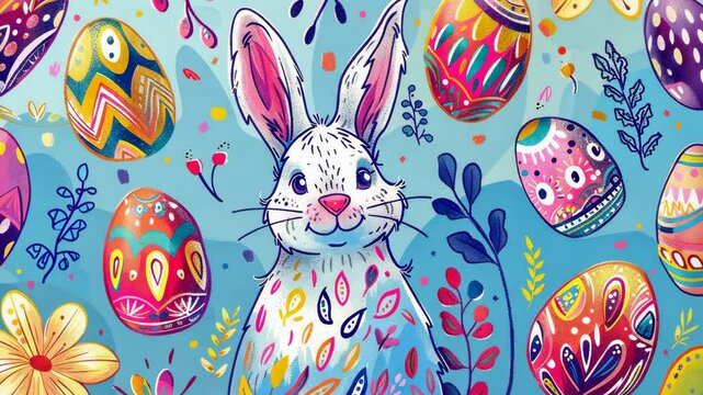 Colorful Easter bunny illustration surrounded by decorated eggs against a vibrant blue background in spring