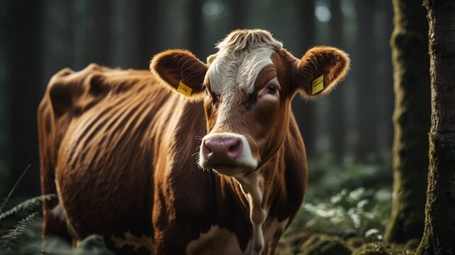 cow in the forest, in a close-up photo