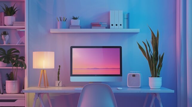 A heartwarming image of a home office with innovative tech setups, like smart desks and ergonomic devices, featuring clean background space for remote work technology.