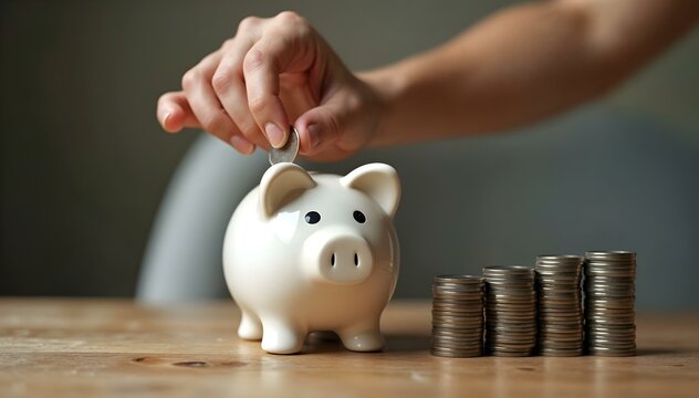 A hand depositing a coin into a piggy bank