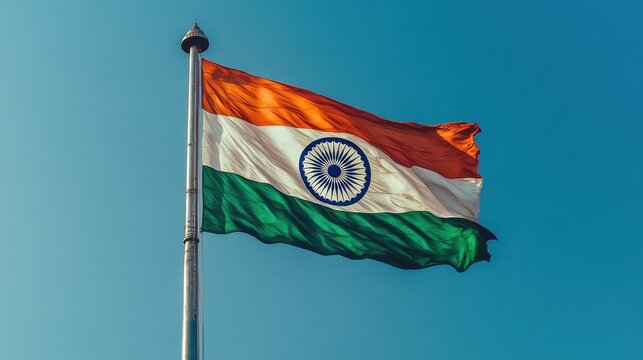 The majestic national flag of India flutters against a clear blue sky, symbolizing pride and patriotism. Indian Independence Day