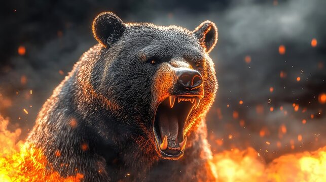 A fierce bear roars amidst flames, showcasing its power and intensity. Captivating wildlife photography with dramatic elements.