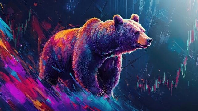 A vibrant and artistic representation of a bear standing confidently amidst colorful abstract shapes and patterns.