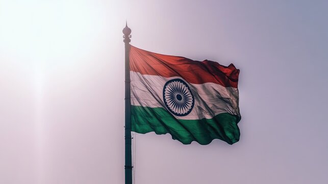 The Indian flag waves in the wind against a clear, bright sky, representing freedom and national pride.