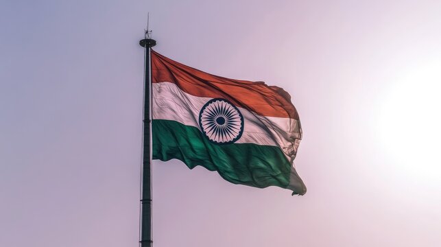 The Indian flag waves in the wind against a clear, bright sky, representing freedom and national pride.