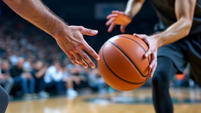 Basketball player is holding basketball ball on a court, close up photo