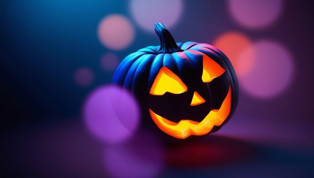 Close-up of a dark glowing jack-o-lantern against neon gradient backdrop of purple and blue. Halloween greeting card with bokeh lights background