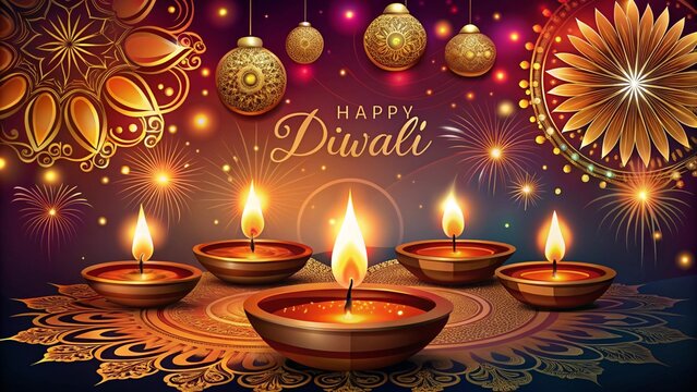 Happy Diwali Greeting Card with Golden Diyas and Mandala Pattern - Festive Indian Holiday Design