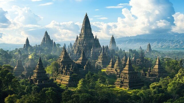 A panoramic view of the Hemakuta Hill temples, with their unique architecture and surrounding landscape.