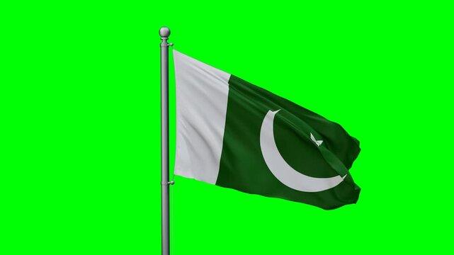 Pakistan flag waving in the wind with colored chroma key with green background