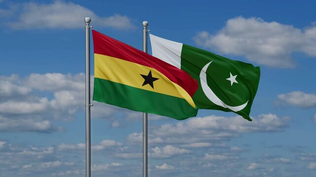 Pakistan and Ghana flags flying together, video concept of the relationship, two country relations concept