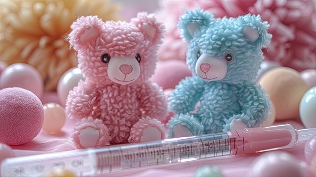 teddy bear and pills A contemporary photo of baby thermometers highlighting