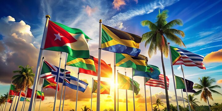 Vibrant colors wave in the tropical breeze as a collection of Caribbean nation flags flutter together, symbolizing