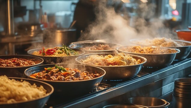 A variety of dishes in large bowls, including noodles and meat. The food is steaming hot